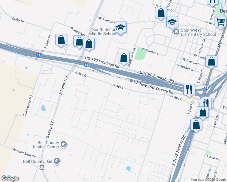 map of restaurants, bars, coffee shops, grocery stores, and more near 1102 West Avenue O in Belton