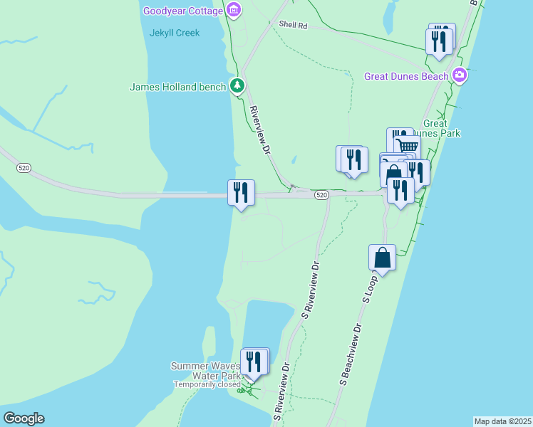 map of restaurants, bars, coffee shops, grocery stores, and more near 1730 Shadowood Lane in Jekyll Island
