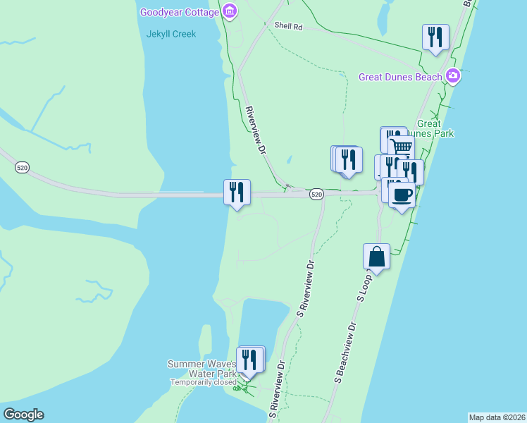 map of restaurants, bars, coffee shops, grocery stores, and more near 1730 Shadowood Lane in Jekyll Island