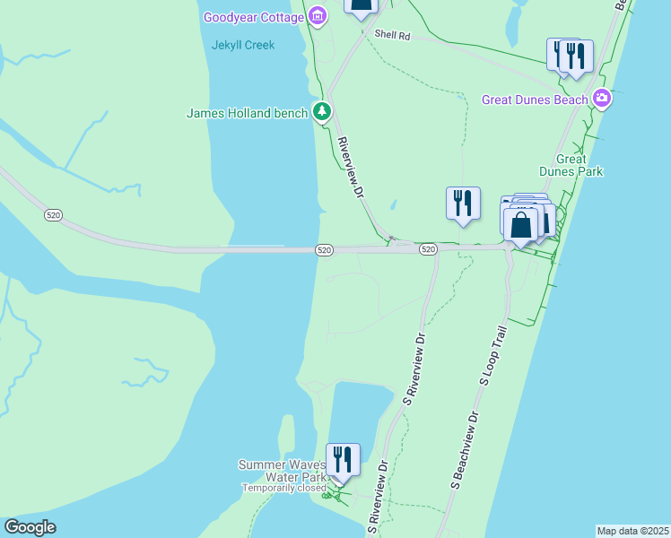 map of restaurants, bars, coffee shops, grocery stores, and more near 1730 Shadowood Lane in Jekyll Island