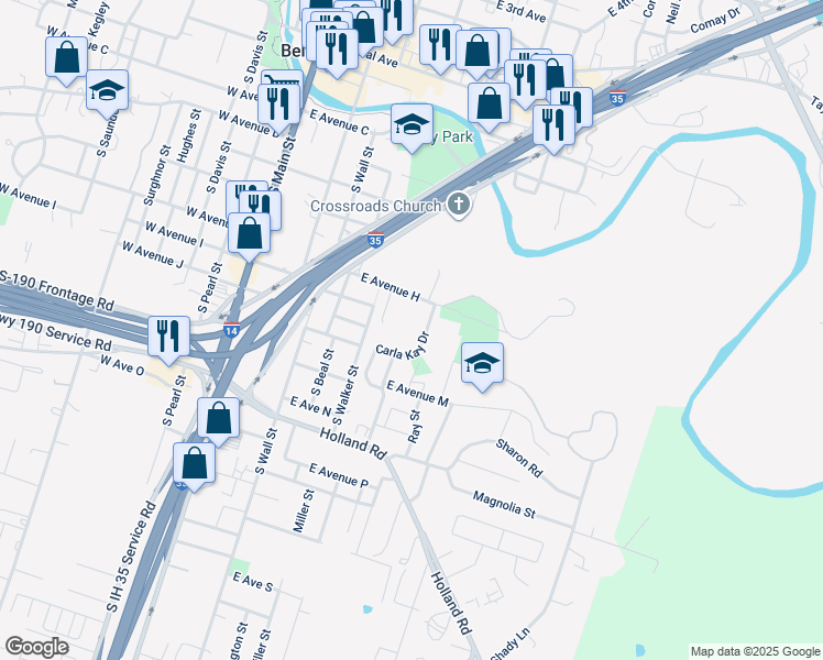 map of restaurants, bars, coffee shops, grocery stores, and more near 809 Samuel Drive in Belton