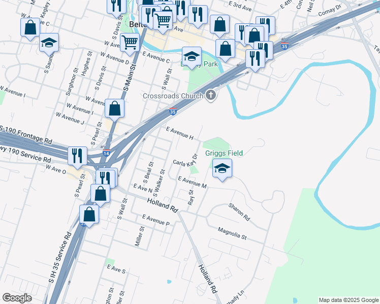 map of restaurants, bars, coffee shops, grocery stores, and more near 809 Samuel Drive in Belton