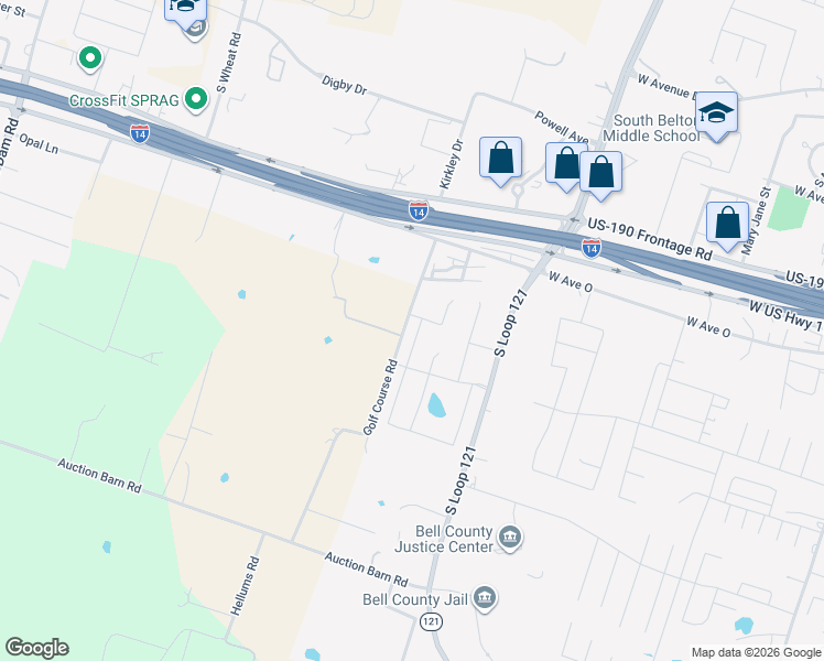 map of restaurants, bars, coffee shops, grocery stores, and more near 1776 Old Golf Course Road in Belton
