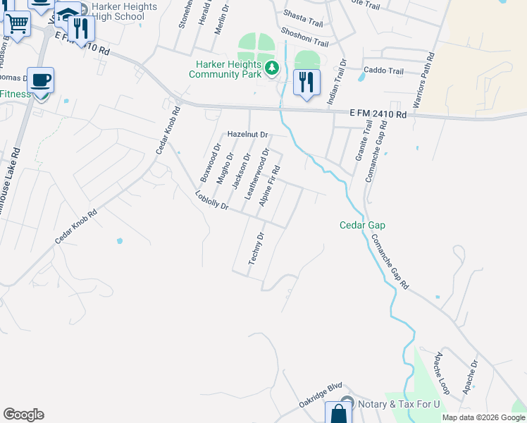 map of restaurants, bars, coffee shops, grocery stores, and more near 2532 Alpine Fir Drive in Harker Heights