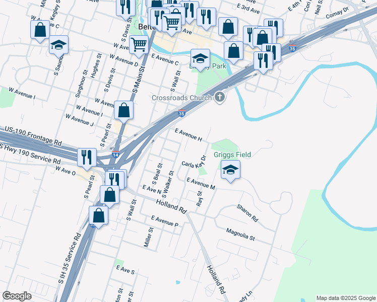 map of restaurants, bars, coffee shops, grocery stores, and more near 809 Samuel Drive in Belton