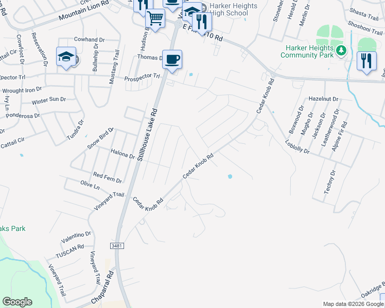 map of restaurants, bars, coffee shops, grocery stores, and more near 1304 Torino St in Harker Heights