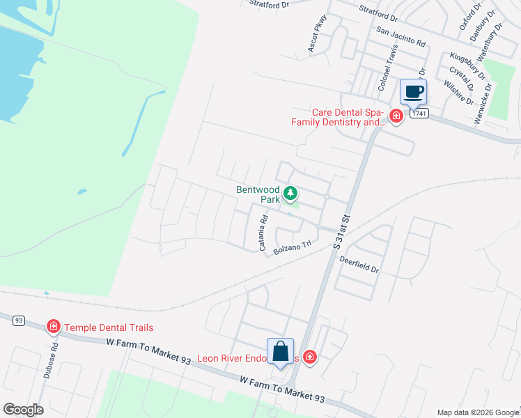 map of restaurants, bars, coffee shops, grocery stores, and more near 6008 Palomonte Drive in Temple