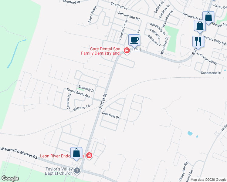 map of restaurants, bars, coffee shops, grocery stores, and more near 5785 South 31st Street in Temple