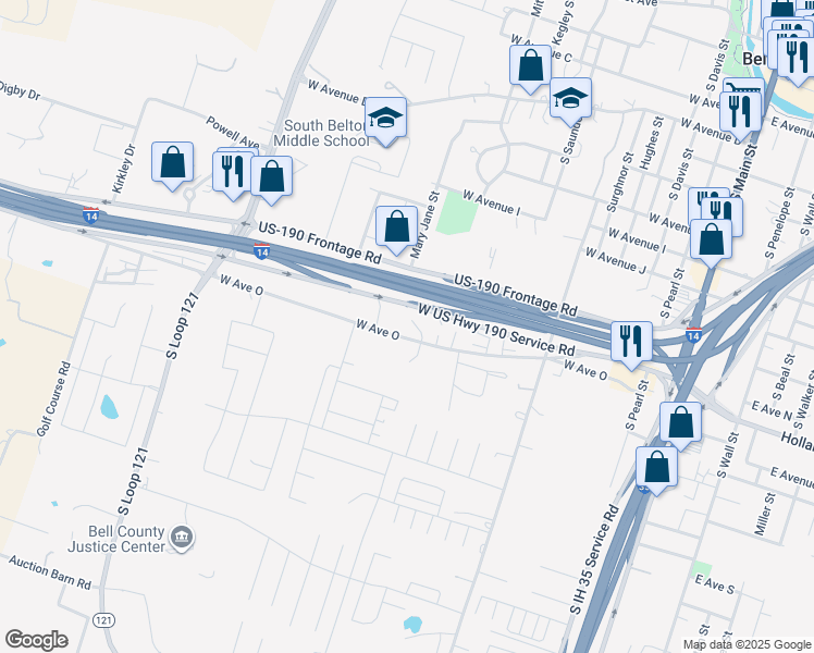 map of restaurants, bars, coffee shops, grocery stores, and more near 1051 West Avenue O in Belton