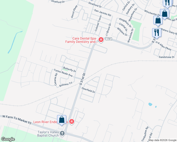 map of restaurants, bars, coffee shops, grocery stores, and more near 5785 South 31st Street in Temple