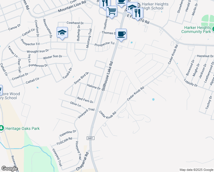 map of restaurants, bars, coffee shops, grocery stores, and more near 2521 Cortona Street in Harker Heights