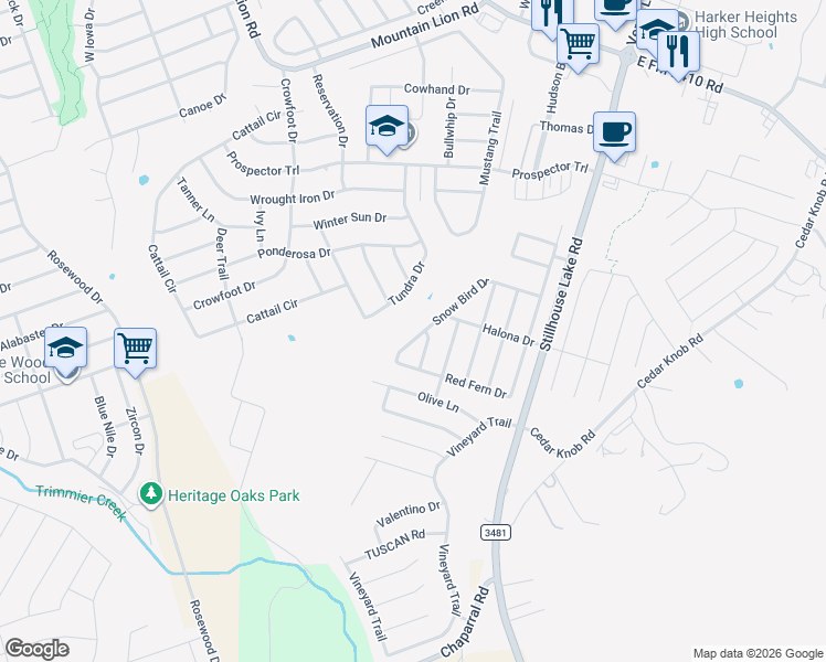 map of restaurants, bars, coffee shops, grocery stores, and more near 2600 Fala Drive in Harker Heights