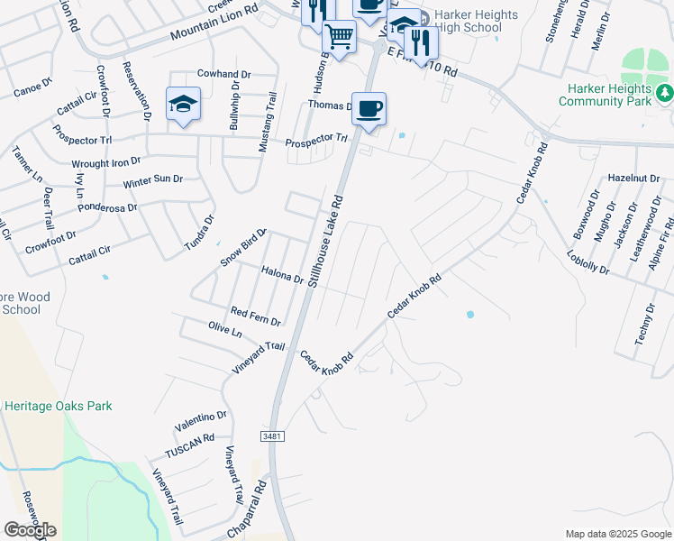 map of restaurants, bars, coffee shops, grocery stores, and more near 2521 Cortona Street in Harker Heights