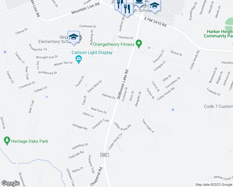 map of restaurants, bars, coffee shops, grocery stores, and more near 2539 Red Fern Drive in Harker Heights