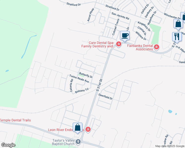 map of restaurants, bars, coffee shops, grocery stores, and more near 2604 Butterfly Drive in Temple