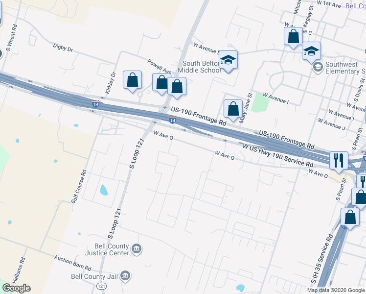 map of restaurants, bars, coffee shops, grocery stores, and more near 1206 West Avenue O in Belton