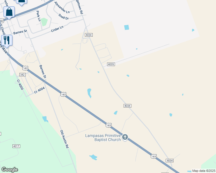 map of restaurants, bars, coffee shops, grocery stores, and more near 1652 County Road 4034 in Lampasas