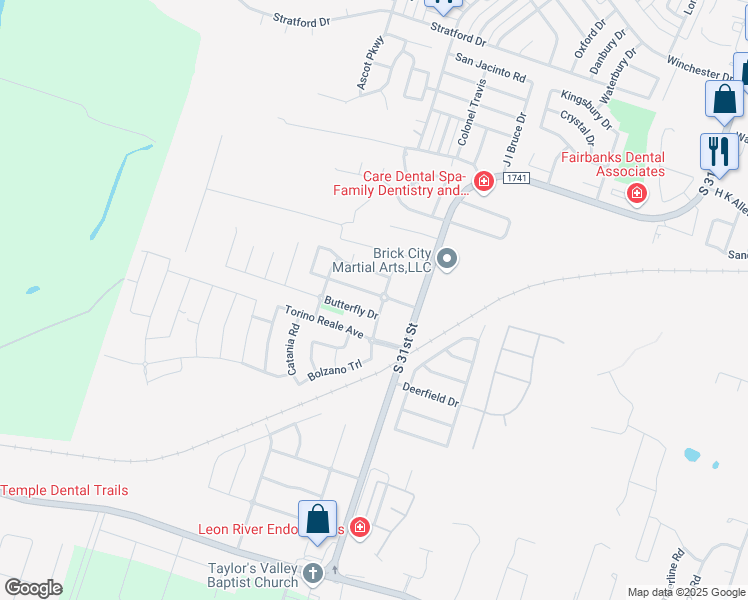 map of restaurants, bars, coffee shops, grocery stores, and more near 2603 Blue Meadow Drive in Temple