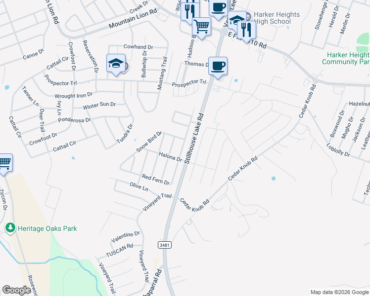 map of restaurants, bars, coffee shops, grocery stores, and more near 2535 Red Fern Drive in Harker Heights