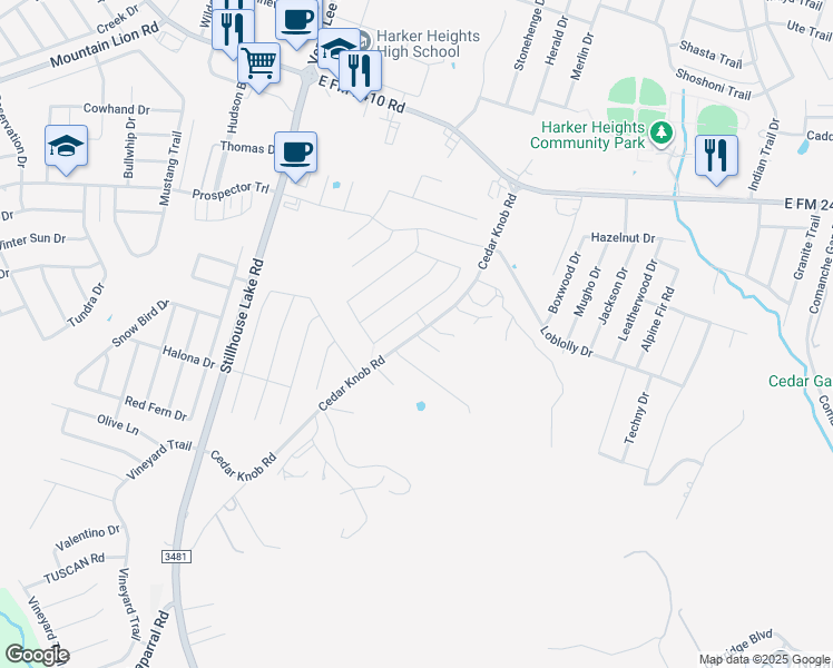 map of restaurants, bars, coffee shops, grocery stores, and more near 2863 Cedar Knob Road in Harker Heights