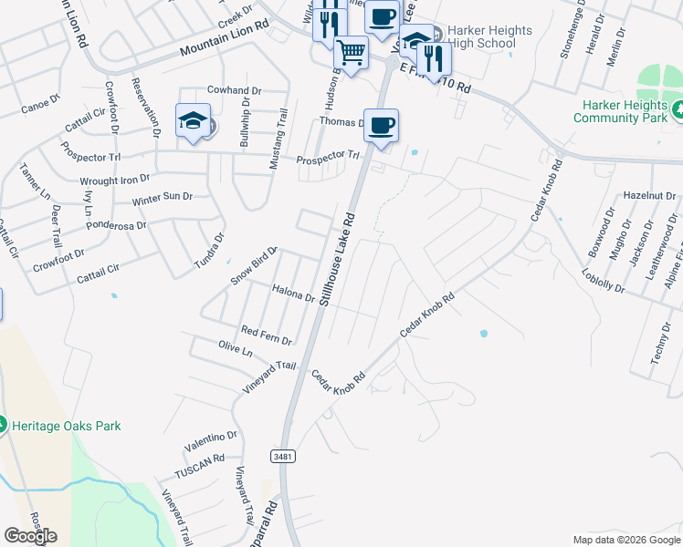 map of restaurants, bars, coffee shops, grocery stores, and more near 2521 Cortona Street in Harker Heights