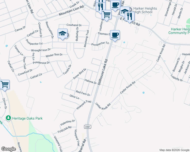 map of restaurants, bars, coffee shops, grocery stores, and more near 2532 Red Fern Drive in Harker Heights