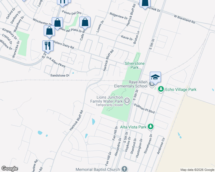 map of restaurants, bars, coffee shops, grocery stores, and more near 5111 Colonial Village Cove in Temple