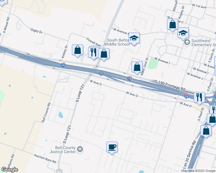 map of restaurants, bars, coffee shops, grocery stores, and more near 1102 West Avenue O in Belton