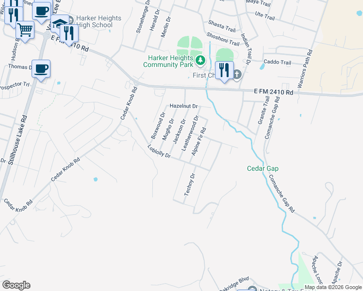 map of restaurants, bars, coffee shops, grocery stores, and more near 2526 Jackson Drive in Harker Heights