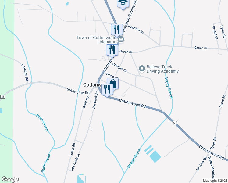 map of restaurants, bars, coffee shops, grocery stores, and more near 115 Hood Street in Cottonwood