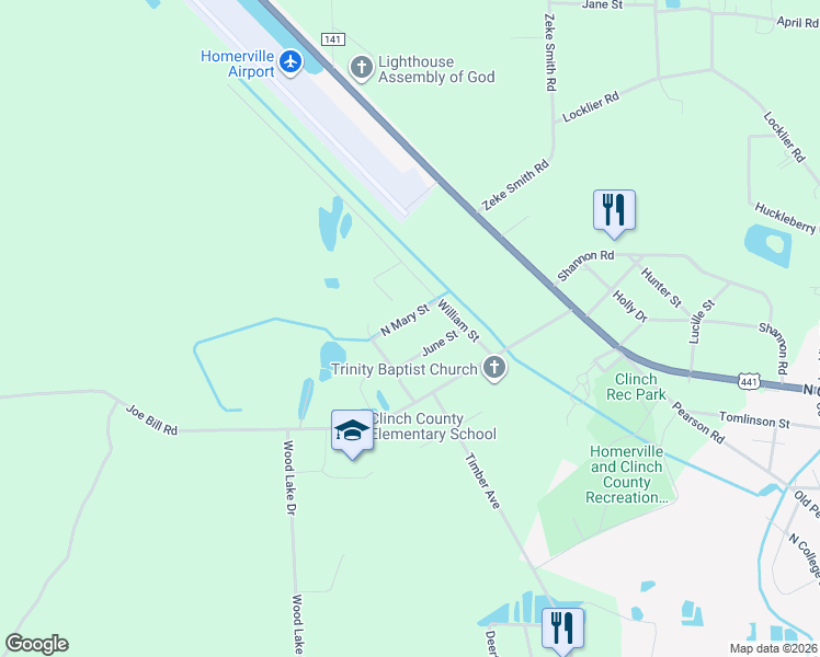 map of restaurants, bars, coffee shops, grocery stores, and more near 84 North Mary Street in Homerville