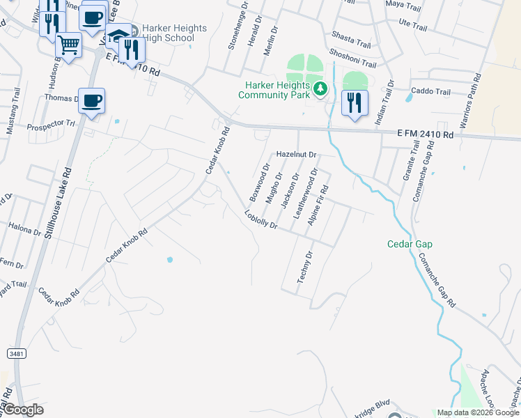 map of restaurants, bars, coffee shops, grocery stores, and more near 2527 Mugho Drive in Harker Heights