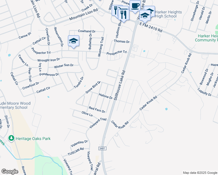 map of restaurants, bars, coffee shops, grocery stores, and more near 2503 White Moon Drive in Harker Heights