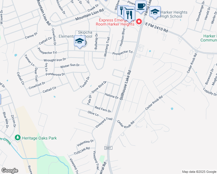 map of restaurants, bars, coffee shops, grocery stores, and more near 2505 Laguna Drive in Harker Heights