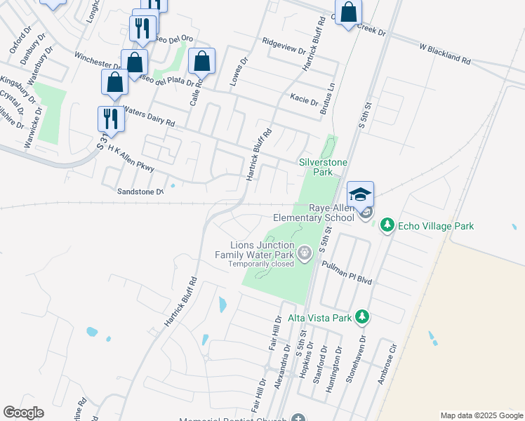 map of restaurants, bars, coffee shops, grocery stores, and more near 5111 Colonial Village Cove in Temple