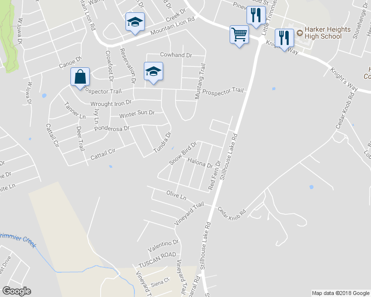 map of restaurants, bars, coffee shops, grocery stores, and more near 2508 Snow Bird Drive in Harker Heights