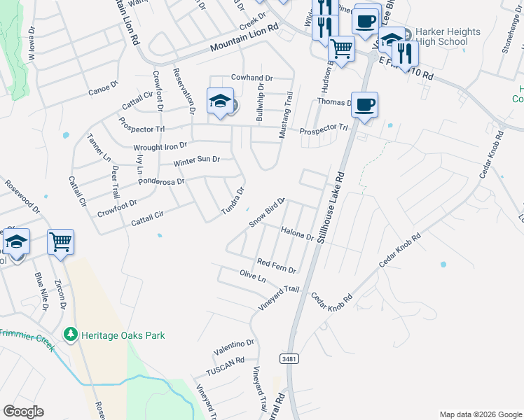 map of restaurants, bars, coffee shops, grocery stores, and more near 2508 Snow Bird Drive in Harker Heights