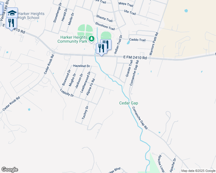 map of restaurants, bars, coffee shops, grocery stores, and more near 1705 Gold Splash Trail in Harker Heights