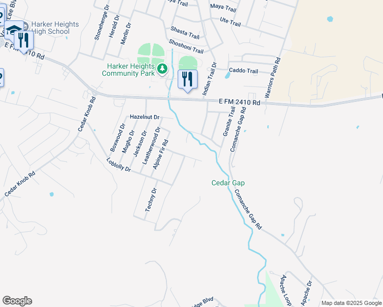map of restaurants, bars, coffee shops, grocery stores, and more near 1705 Gold Splash Trail in Harker Heights