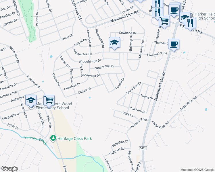 map of restaurants, bars, coffee shops, grocery stores, and more near 706 Tundra Drive in Harker Heights