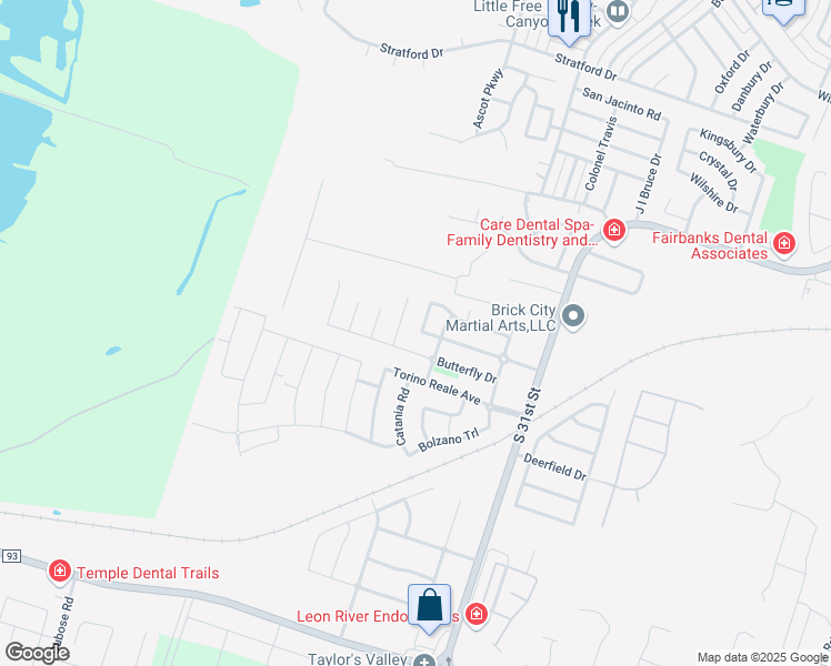 map of restaurants, bars, coffee shops, grocery stores, and more near 5720 Meadow Wood Drive in Temple