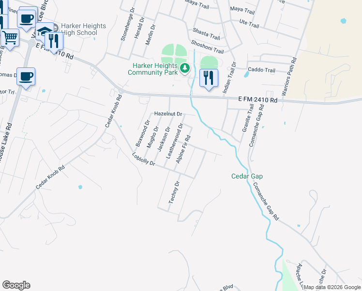map of restaurants, bars, coffee shops, grocery stores, and more near 2519 Alpine Fir Road in Harker Heights