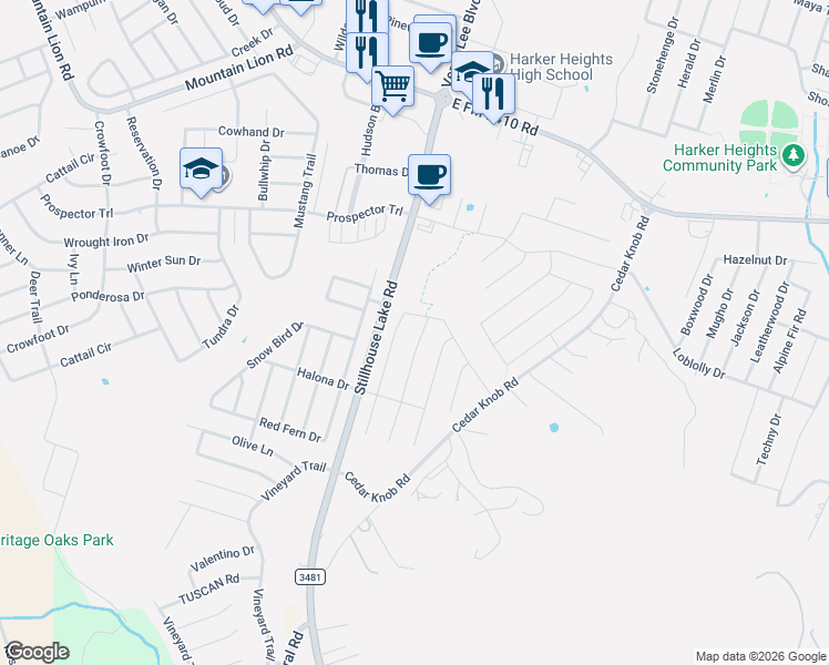 map of restaurants, bars, coffee shops, grocery stores, and more near 2503 Arno Street in Harker Heights