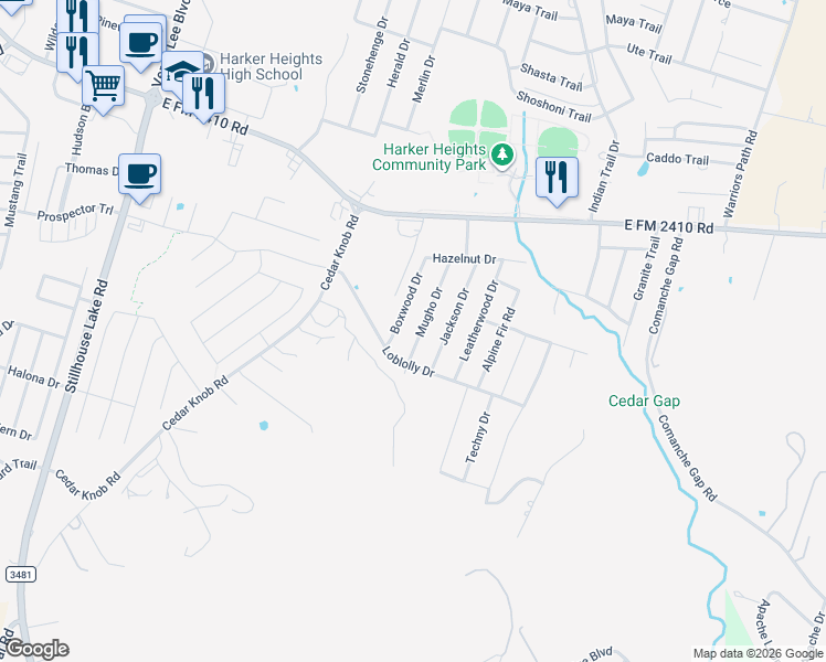 map of restaurants, bars, coffee shops, grocery stores, and more near 2527 Mugho Drive in Harker Heights