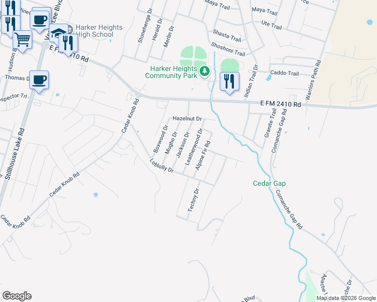 map of restaurants, bars, coffee shops, grocery stores, and more near 2521 Leatherwood Drive in Harker Heights