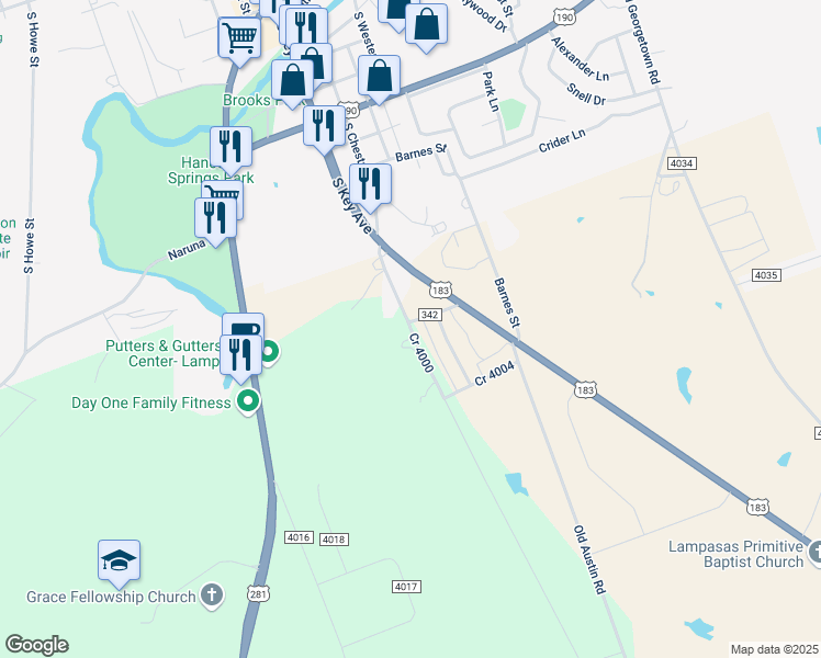 map of restaurants, bars, coffee shops, grocery stores, and more near Cr 4000 in Lampasas