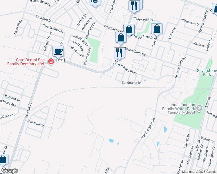 map of restaurants, bars, coffee shops, grocery stores, and more near Fryers Cr in Temple