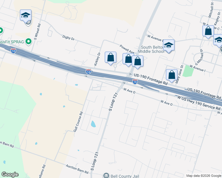 map of restaurants, bars, coffee shops, grocery stores, and more near 1406 West Avenue O in Belton