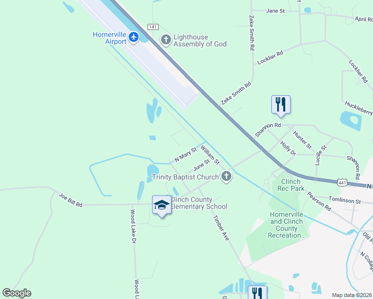 map of restaurants, bars, coffee shops, grocery stores, and more near 84 North Mary Street in Homerville