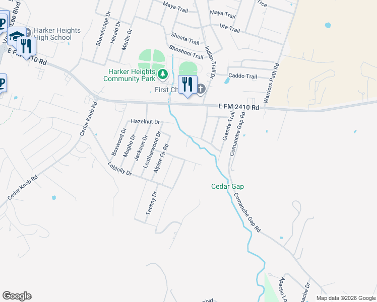 map of restaurants, bars, coffee shops, grocery stores, and more near 1705 Gold Splash Trail in Harker Heights